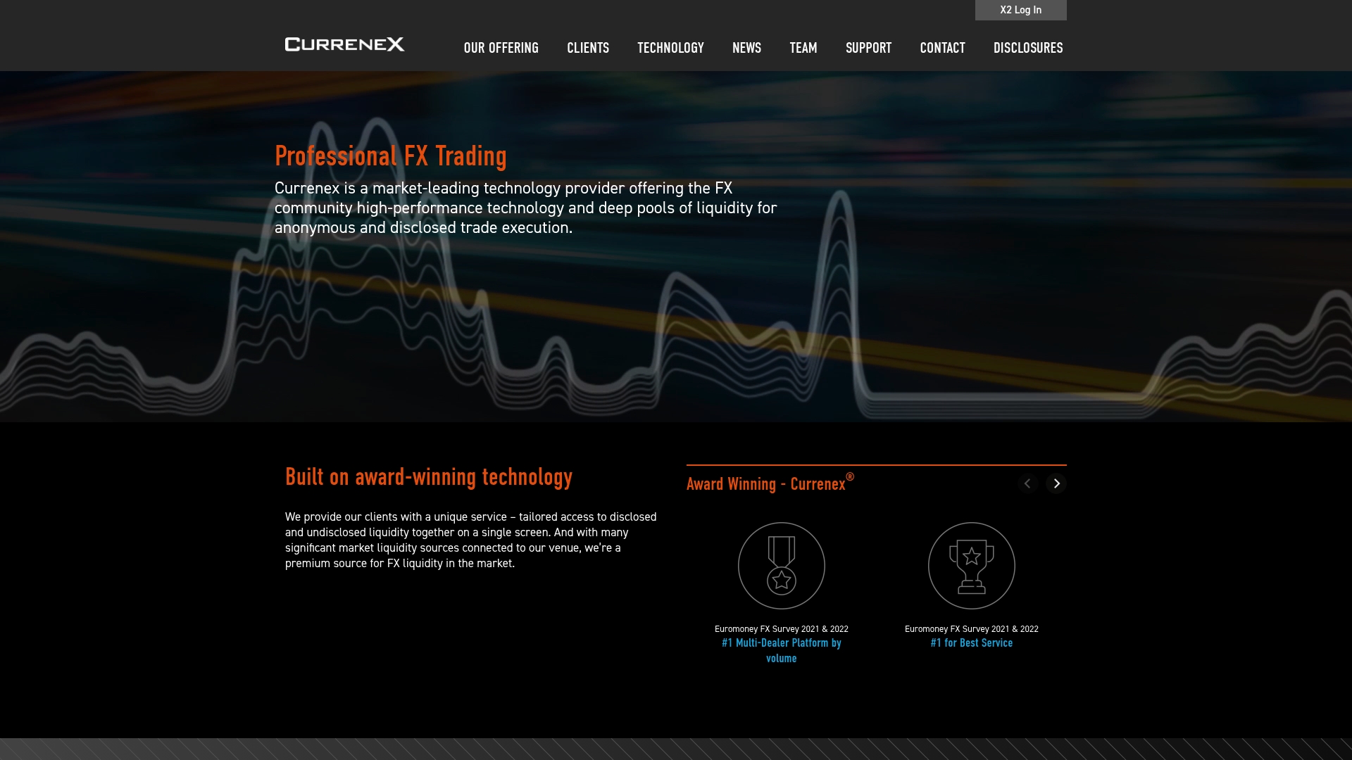 Currenex website highlighting professional FX trading technology