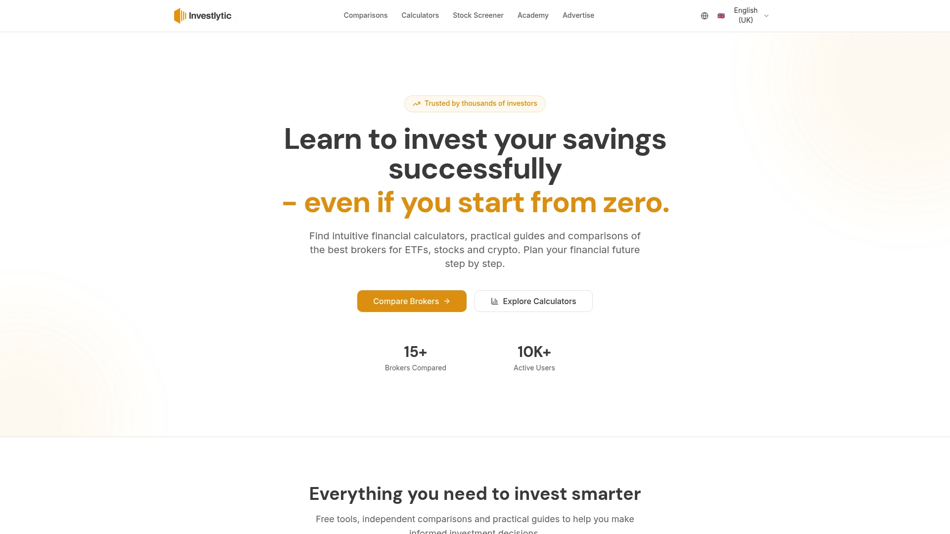 Investlytic homepage showing broker comparison and calculator tools