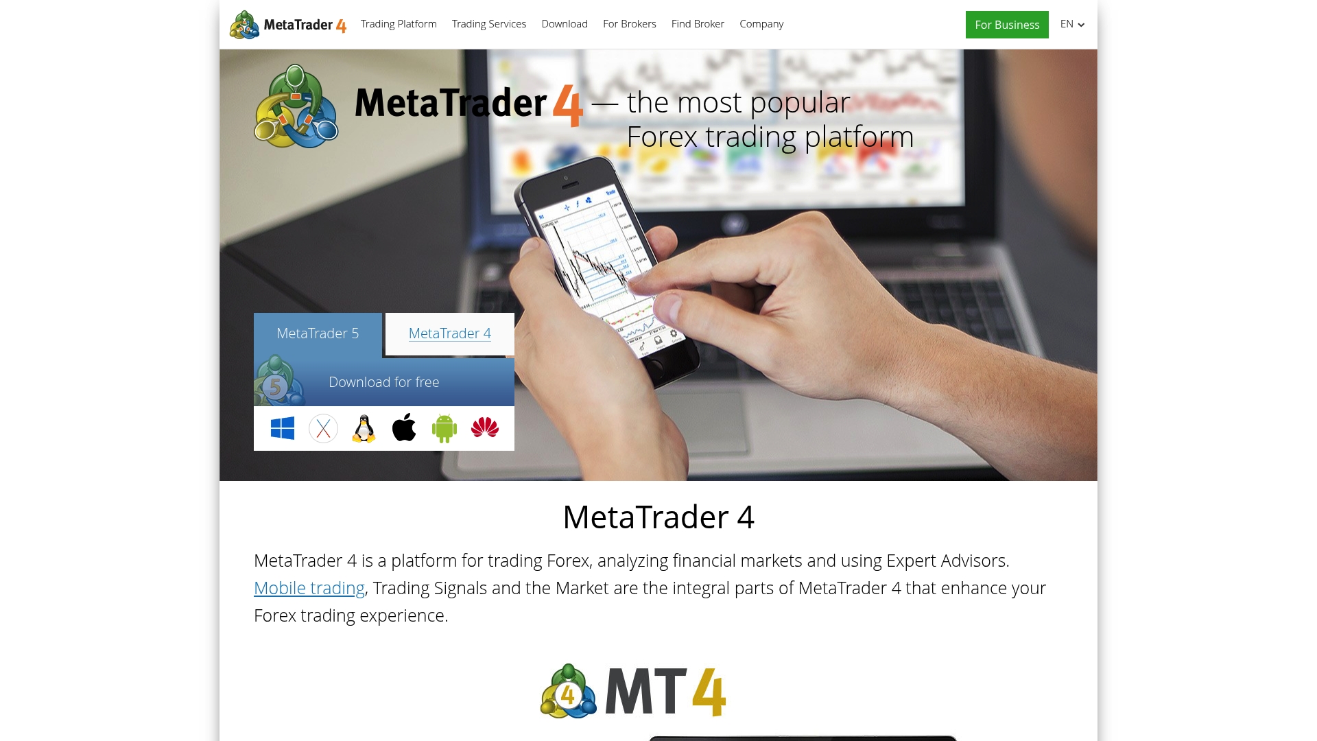 MetaTrader 4 website describing the popular forex trading platform