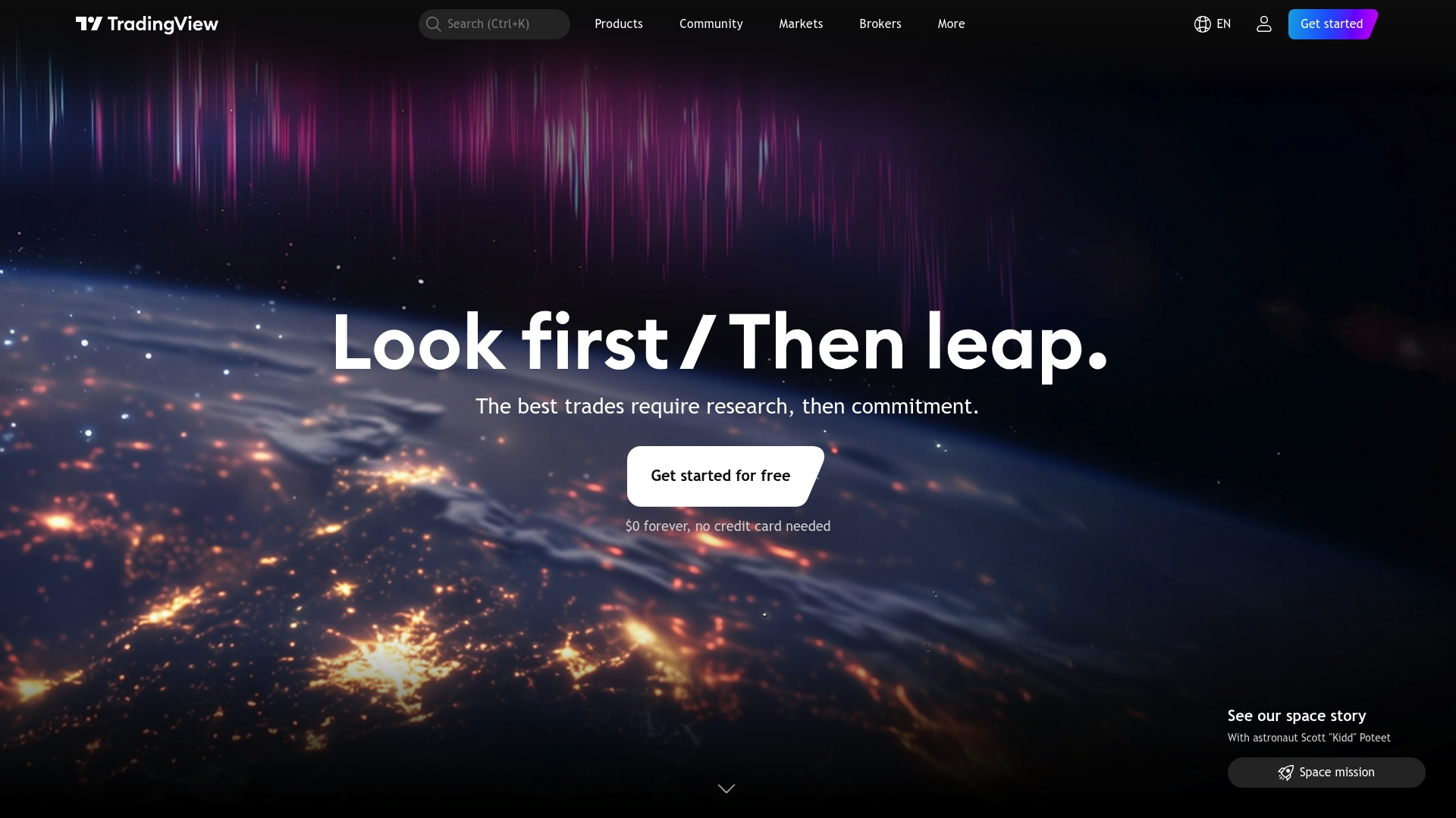 TradingView homepage with the tagline Look first Then leap